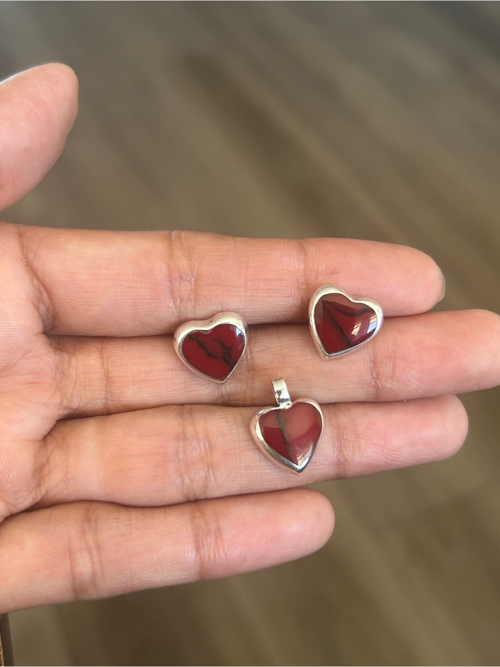 Taxco Mexico .925 Sterling Silver Heart Jewelry Set – Red Stone – Aprox  1.5 CM - Picture 2 of 10